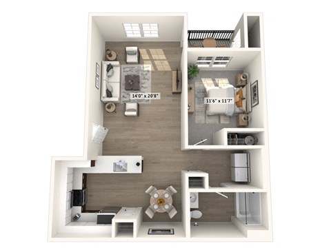 Floor plan for 1 bed, 1 bath, 743 sqft
